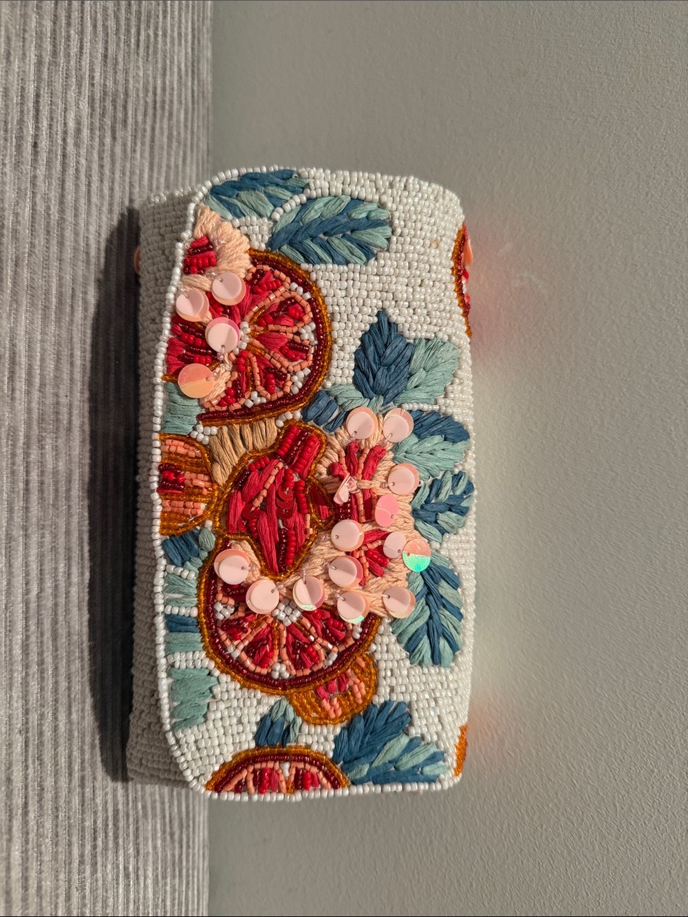 Anthropologie Embroidered Citrus Beaded Phone Case in White, Pink & Blue